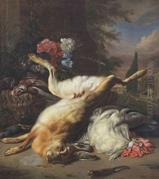 A Park Landscape With A Hare, A Cockerel, A Basket With Doves, A Kingfisher And Flowers Near A Column Oil Painting by Jan Baptist Weenix