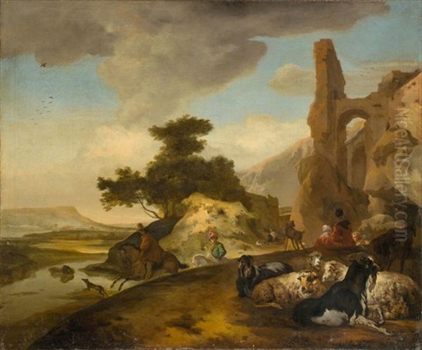 Landscape With A Flock Of Sheep And Riders Oil Painting by Jan Baptist Weenix