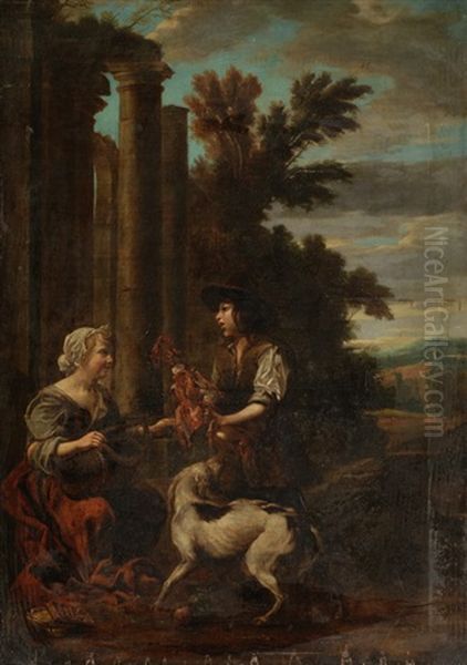 Frau Mit Einem Knaben Mit Hund Vor Saulenarchitektur by Jan Baptist Weenix