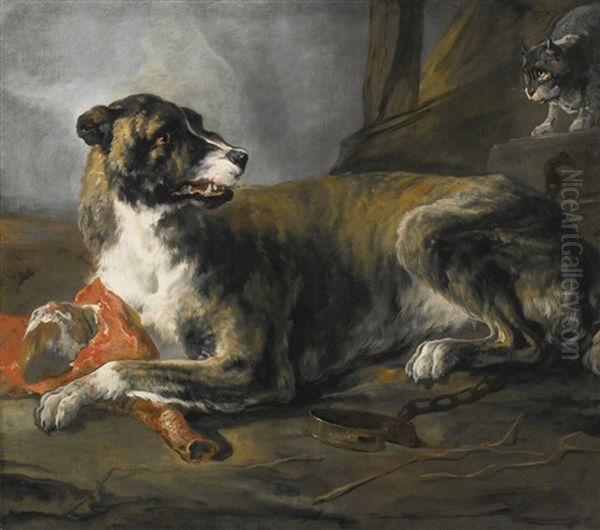 Hound With A Joint Of Meat And A Cat Looking On Oil Painting by Jan Baptist Weenix