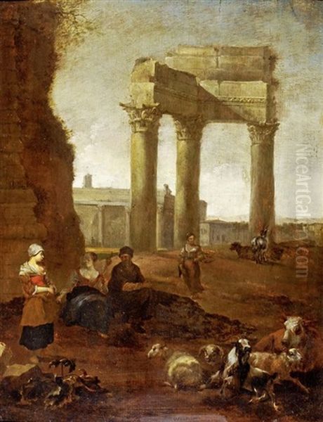 Paysans Gardant Un Troupeau Pres Du Campo Vaccino Oil Painting by Jan Baptist Weenix