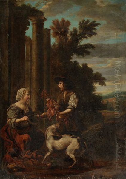 Frau Mit Einem Knaben Mit Hund Vor Saulenarchitektur Oil Painting by Jan Baptist Weenix