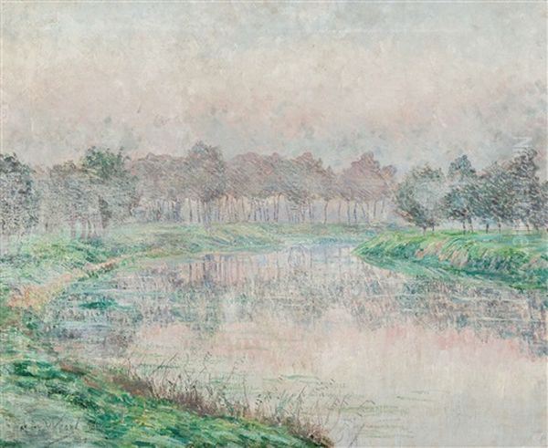 The River Lys - Misty Morning Oil Painting by Anna de Weert