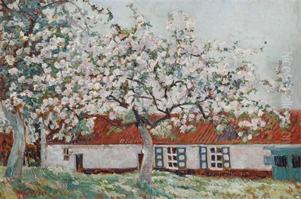 Blossoming Tree Near A Farm Oil Painting by Anna de Weert