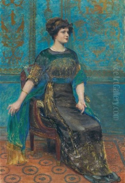 Portrait De Madame Lucien Graux Dans Un Interieur Bleu Oil Painting by Jean Joseph Weerts