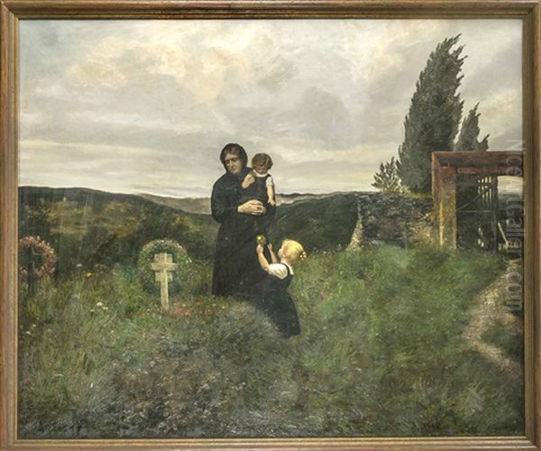 Mutter Mit Ihren Beiden Kindern Am Grab Ihres Mannes Oil Painting by Max Weese