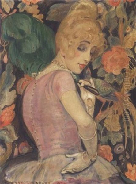 Portraet Af Lili Elbe Med Gron Fjervifte Oil Painting by Gerda Wegener