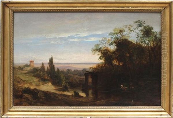 Sonnenuntergang In Der Romischen Campagna Oder Ansicht Von Taormina (siehe Beigefugte Gutachtenkopie Von Fr. Dr. Muller-hofstede) Oil Painting by Gustav Wegener