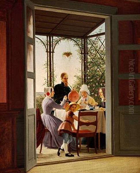 The Family Is Drinking Tea On The Veranda Oil Painting by Gustav Wegener