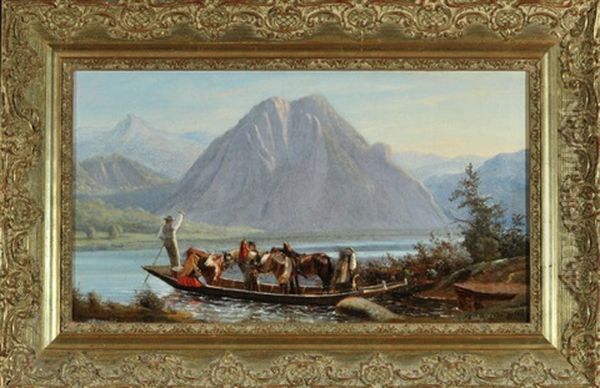 Bauern Mit Tieren Im Boot Bei Der Uberfahrt Uber Einen Gebirgssee Oil Painting by Johann Friedrich Wilhelm Wegener