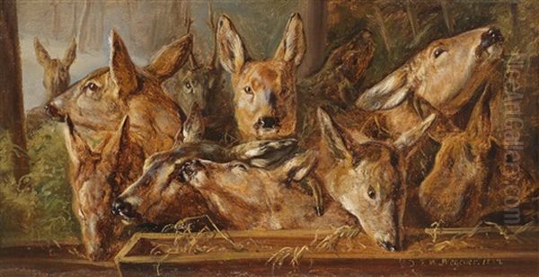 Rehe An Der Futterstelle Oil Painting by Johann Friedrich Wilhelm Wegener