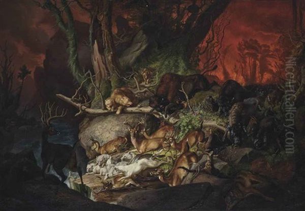 A Forest Fire, North America Oil Painting by Johann Friedrich Wilhelm Wegener