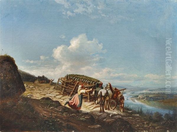 Malheur Mit Dem Pferdewagen Oberhalb Der Elbe Bei Tetschen Oil Painting by Johann Friedrich Wilhelm Wegener