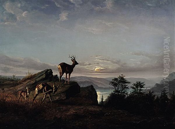 Abendliche Stimmung Uber Einem Alpensee Oil Painting by Johann Friedrich Wilhelm Wegener