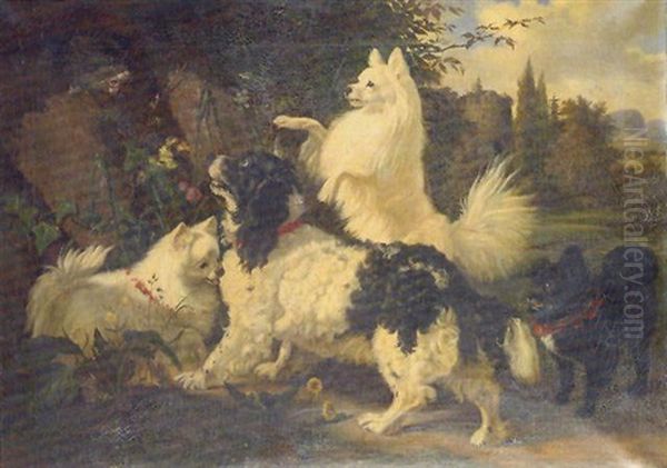 Dogs Startled A Wild Cat In Wooded Landscape Oil Painting by Johann Friedrich Wilhelm Wegener