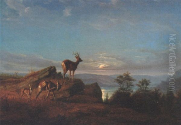 Deer In A Moonlit Landscape Oil Painting by Johann Friedrich Wilhelm Wegener