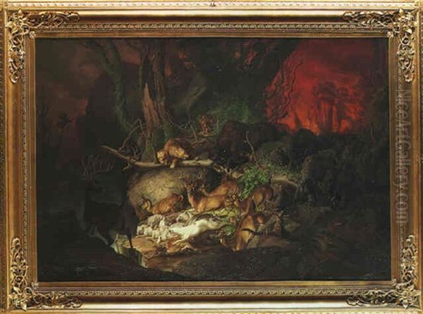 A Forest Fire, North America Oil Painting by Johann Friedrich Wilhelm Wegener