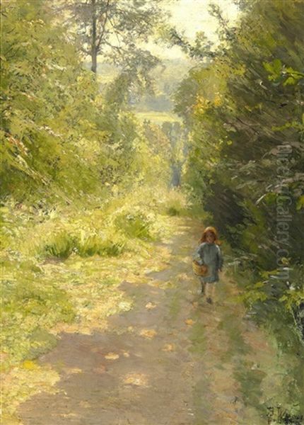 A Little Girl With A Basket Walking In The Woods Oil Painting by Bertha Wegmann