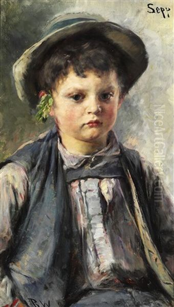 Portrait Of The Boy Sepp Wearing A Hat And A Little Twig Behind The Ear by Bertha Wegmann