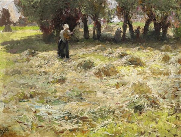 Turning The Hay Oil Painting by Bertha Wegmann