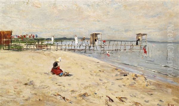 Summer Day At Taarbaek Beach With A Jetty Oil Painting by Bertha Wegmann