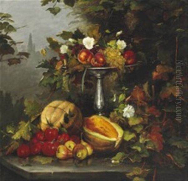 Still Life With Fruit And Flowers In A Silver Centerpiece On A Table Oil Painting by Bertha Wegmann