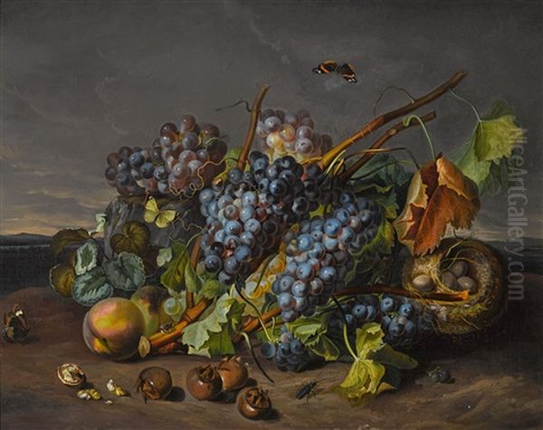 Fruchtestillleben Mit Vogelnest Und Insekten Oil Painting by Sebastian Wegmayr