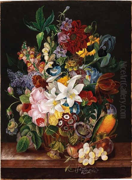 Large Flower Piece With Parrot And Butterfly Oil Painting by Sebastian Wegmayr