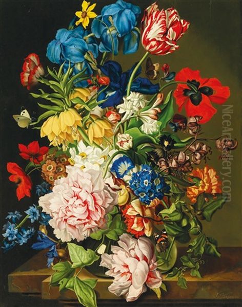 Two Bouquets Of Flowers With Butterflies Oil Painting by Sebastian Wegmayr