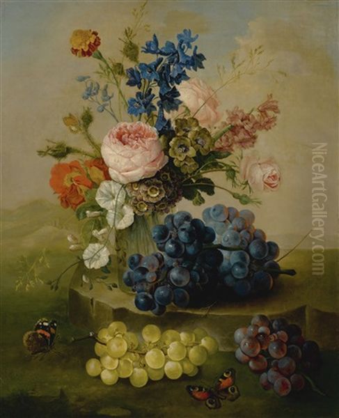 Still Life Of Flowers In A Glass Vase With Grapes, Resting On A Stone Ledge In A Landscape Oil Painting by Sebastian Wegmayr