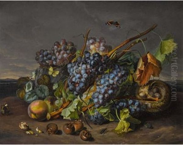 Fruchtestillleben Mit Vogelnest Und Insekten Oil Painting by Sebastian Wegmayr