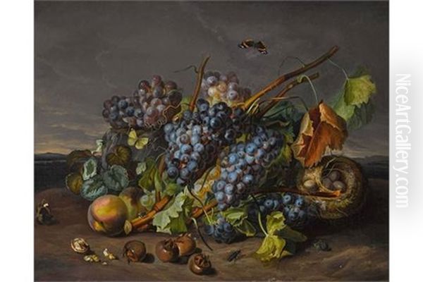 Fruchtestillleben Mit Vogelnest Und Insekten Oil Painting by Sebastian Wegmayr