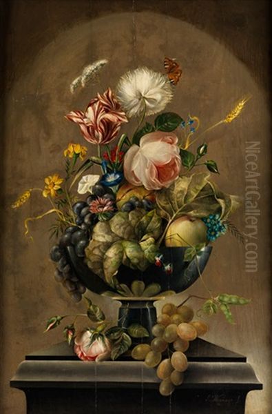 Stillleben Mit Blumen Und Fruchten In Einem Pokal Auf Steinsockel Oil Painting by Sebastian Wegmayr