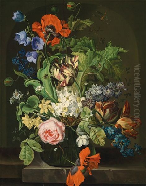 Blumenstillleben In Einer Glasvase Oil Painting by Sebastian Wegmayr