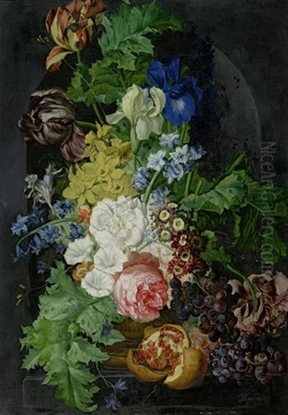 Tulpen, Iriden, Eine Prunkwinde Und Weitere Blumen Mit Fruchten In Einer Nische Oil Painting by Sebastian Wegmayr