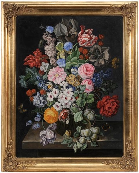 Still Life With Flowers And Fruit In A Glass Vase Oil Painting by Sebastian Wegmayr