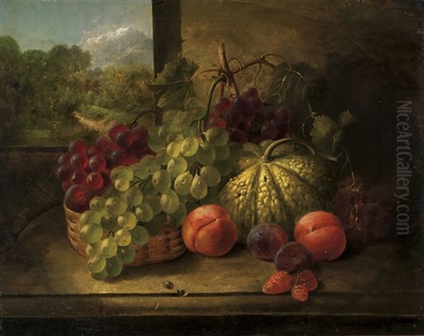 Still Life Of Various Fruit On A Stone Counter, In Front Of An Open Window Looking Out Onto A Tree Filled Landscape Oil Painting by Sebastian Wegmayr