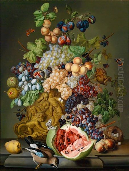 Groses, Dekoratives Blumenstillleben Mit Fruchten Und Eichelhaher Oil Painting by Sebastian Wegmayr