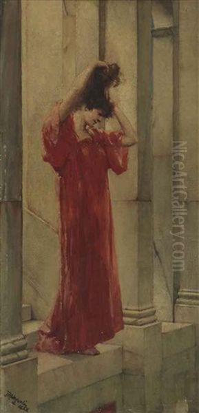 Lady In Red Oil Painting by John Reinhard Weguelin