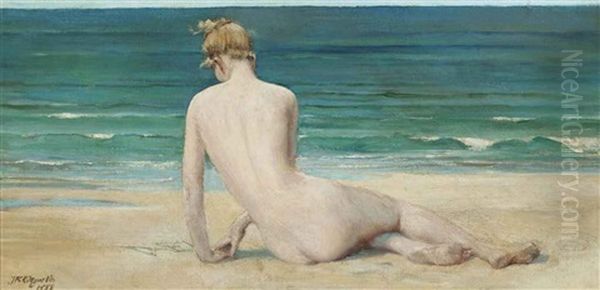 A Nude Seated On The Shore Oil Painting by John Reinhard Weguelin