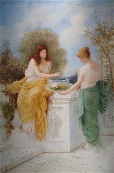 Classical Ladies On A Terrace By A Goldfish Bowl Oil Painting by John Reinhard Weguelin