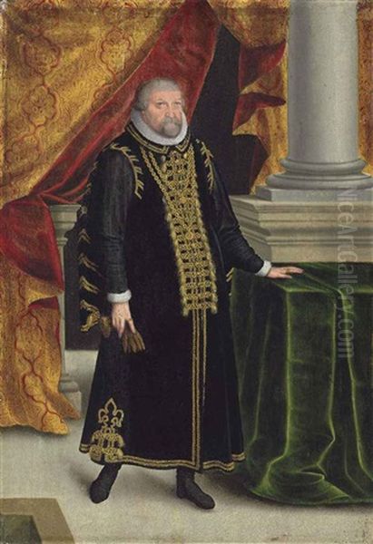 Portrait Of Johan Georges, Elector Of Brandenburg (1525-1598), Small Full-length, In Black Robes With Gold Embroidery And A Ruff Oil Painting by Zacharias Wehm