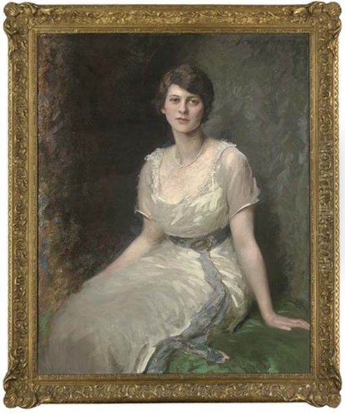 Portrait Of Rosa Lewis, Seated Three-quarter-length, In A White Dress With A Blue Sash Oil Painting by Daniel Albert Wehrschmidt