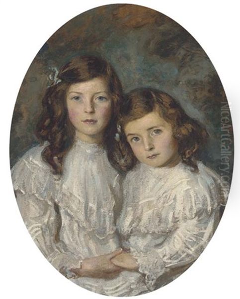 Double Portrait Of Two Sisters In White Dresses Oil Painting by Daniel Albert Wehrschmidt