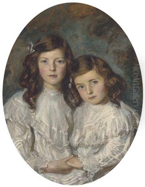 Double Portrait Of Two Sisters, Half-length, In White Dresses Oil Painting by Daniel Albert Wehrschmidt