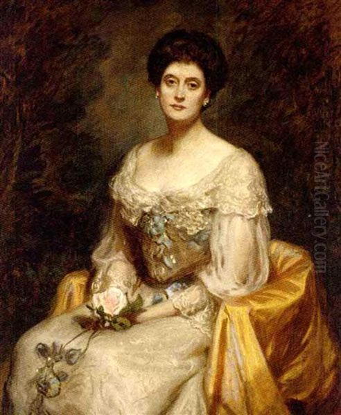 Portrait Of A Lady In A White Dress With Blue Rosettes Oil Painting by Daniel Albert Wehrschmidt