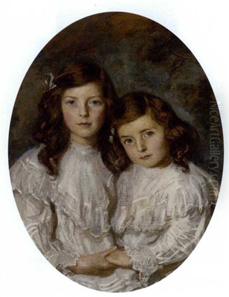 Double Portrait Of Two Sisters In White Dresses Oil Painting by Daniel Albert Wehrschmidt