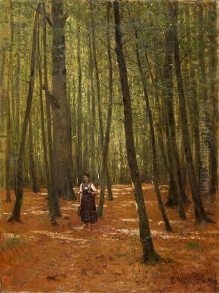 Herbstlicher Wald Mit Bauerin Oil Painting by Edouard Weichberger