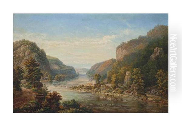 River Landscape Oil Painting by Augustus (Karl) Weidenbach