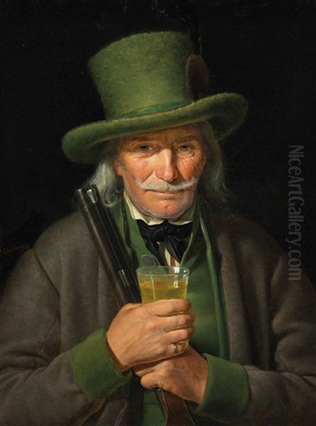 An Old Chamois Hunter With A Glass Of Styrian Wine In His Hand Oil Painting by Joseph Weidner